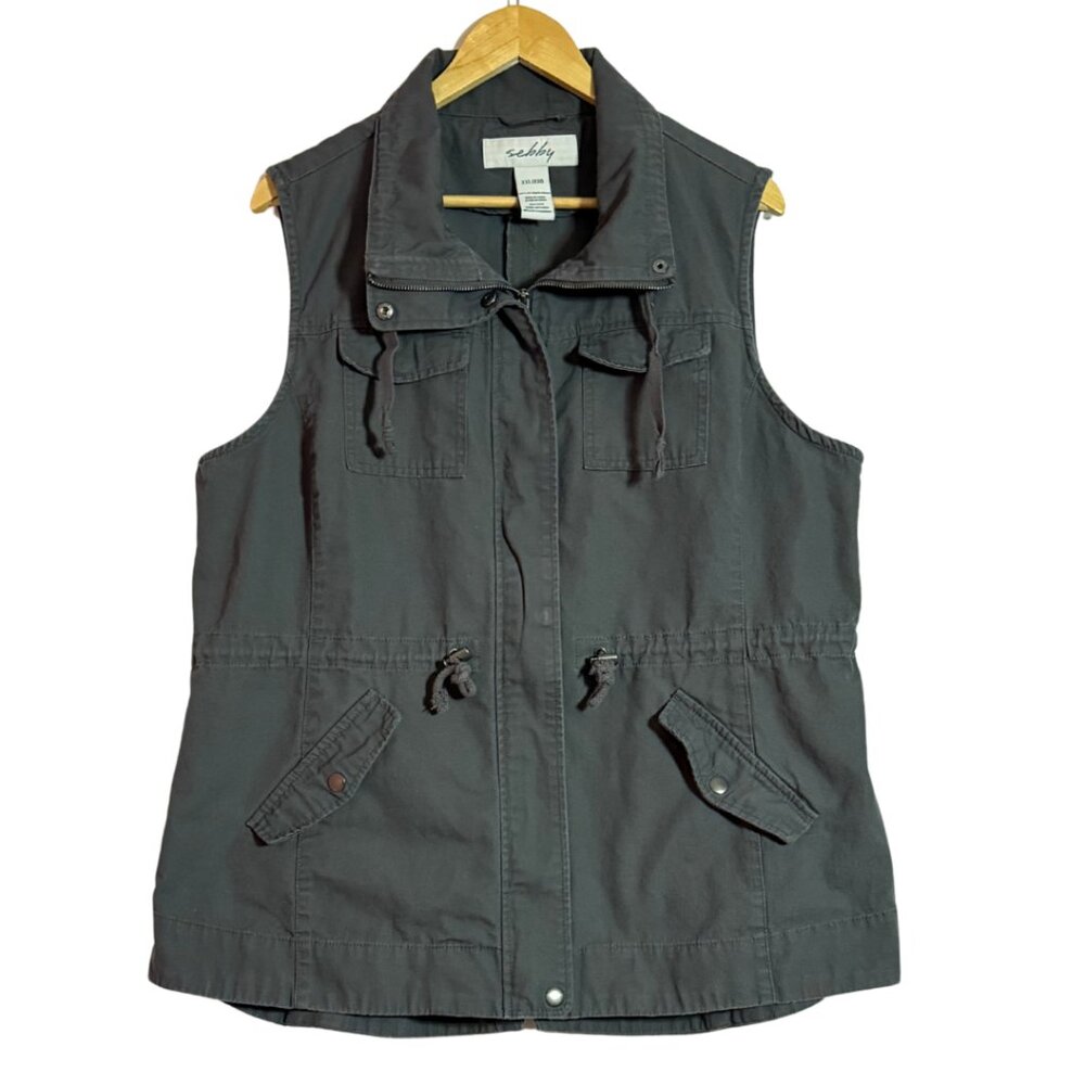 Sebby Grey 100% Cotton Utility Cargo Vest Zip Up Drawstring Waist Women’s XXL